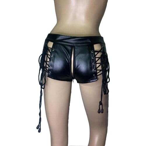 Sexy Women Faux Leather Side Lace Up Boxer Brief Boy Shorts Knickers Full Zipper Open Butt Hot Pants Punk Clubwear Costume