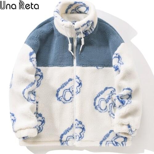 Una Reta S-XXL Winter Mens Coat New Letter Lamb Wool Parka Coat Loose Men Clothing Grain Fleece Mens Jacket Lover Coat