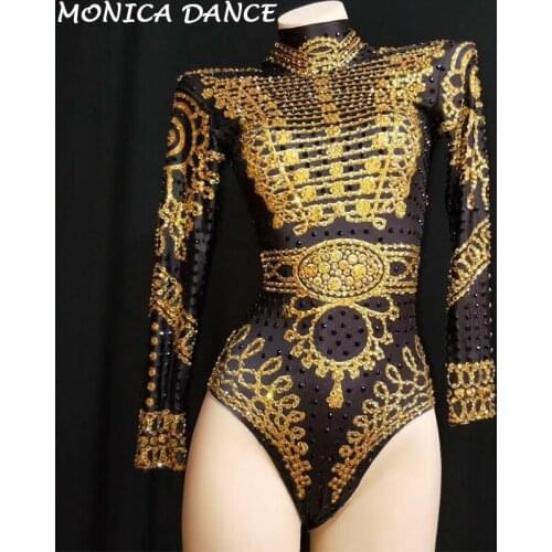 Women Sexy Black Gold Rhinestones Paint Long Sleeve High Stretch Leotard Singer Dance Costume Stage Womens Birthday Bodysuit