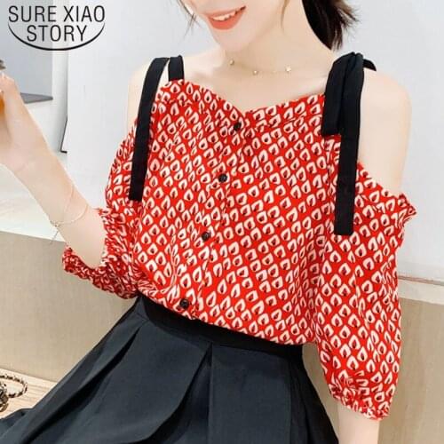 2021 New Summer Print Off Shoulder V-neck Chiffon Shirt Korean Style Shirt Fashion Polka Dot Tie Women Blouses and Tops 5016 50