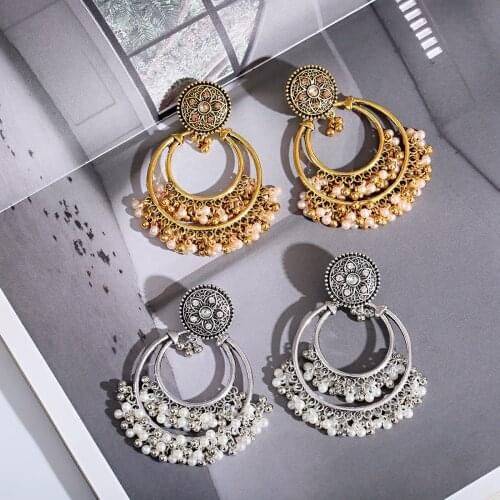 2021 Latest Fashion Jewelry Copper Vintage Big Hoop Earrings WithLarge Fringed Pearls Ladys Street Style Statement Earring