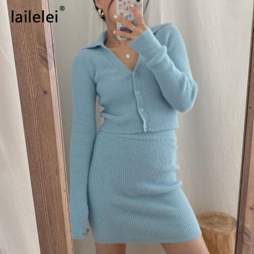 Two Piece Short Set Knitted Crop Cardigan Button+Mini Skirt Blue Suits 2021 Spring For Women White Elegant Lady Pencil Femme