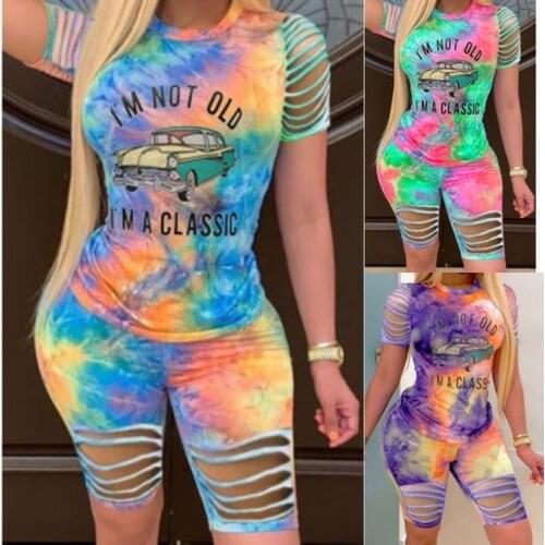 2 Piece Set Women Tie Dye Tops and Shorts Set Sexy Womens Slim Yoga Sets Running Fitness Gym Workout Sport Suits Plus Size
