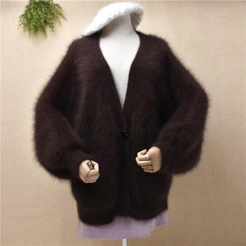 Ladies women fashion hairy plush mink cashmere knitted winter thick warm loose oversized cardigan angora fur jacket coat sweater