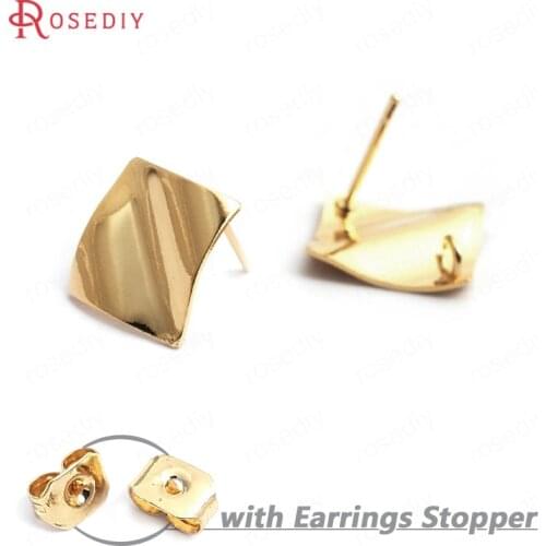34984)10PCS Square 12.5MM 24K Gold Color Brass Wave Square Stud Earrings High Quality Diy Accessories Jewelry Findings