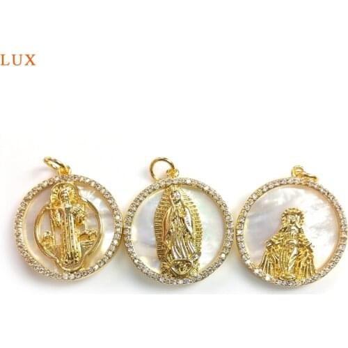 5pcs Mother of Pearl Pendant Religion Charm CZ Micro Pave Religion Round Pendant White Shell For Women Necklace Jewelry Finding