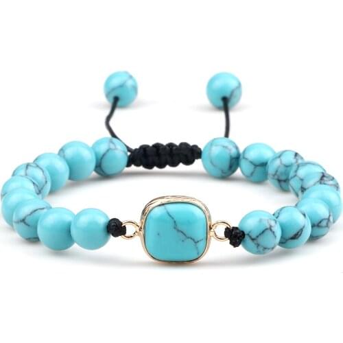 Fashion Jewelry 8mm Beaded Bracelet Natural Stone Light Blue Turquoises Handmade Adjustable Rope Braided Bracelets for Women Men