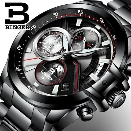 Mens watches Luxury Top Brand BINGER Big Dial Designer Chronograph Waterproof Full Stainless Steel Quartz Male Clock B-9016-4