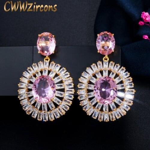 CWWZircons Top Quality Gorgeous Pink Sapphire White Topaz Crystal 925 Silver Round Drop Earrings for Women Jewelry Gift CZ658