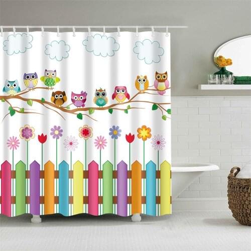 Kids Cartoon Shower Curtain Set Home Decor Owls on a Branch Art Polyester Fabric Bath with 12 Hooks