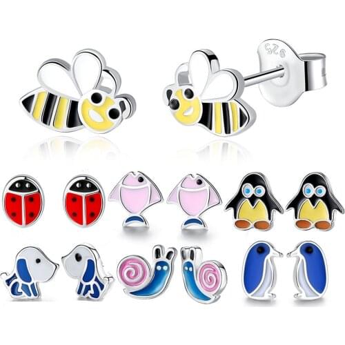 100% 925 Sterling Silver Stud Earrings for Children Girls Honey Bee Penguin Ladybug Enamel Kids Earrings Fashion Jewelry Brinco