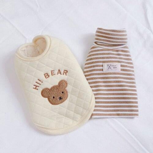 Pet Plus Velvet Bear Vest Embroidery Warm Autumn and Winter Thick Plus Velvet Thick Coat Striped Bottoming Shirt Suit Winter