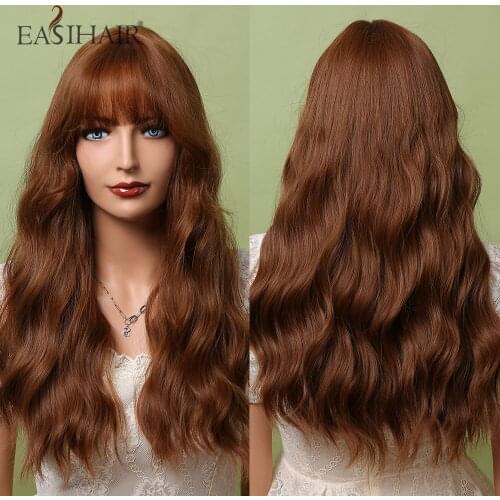 EASIHAIR Long Honey Brown Deep Wave Synthetic Wigs with Bangs Curly Hair Wigs for Women Daily Natural Hair Wigs Heat Resistant