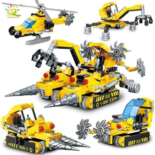 HUIQIBAO 622pcs City Engineering 4in1 Assembly Truck Building Blocks Rescue Mecha Vehicle Crane Drilling Car Bricks Toys Child