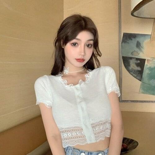 Lace Women T-Shirt Cardigan Sexy Crop Top Hollow Slim Bandage Streetwear Knitting Cropped Skinny Tee Tops Summer White