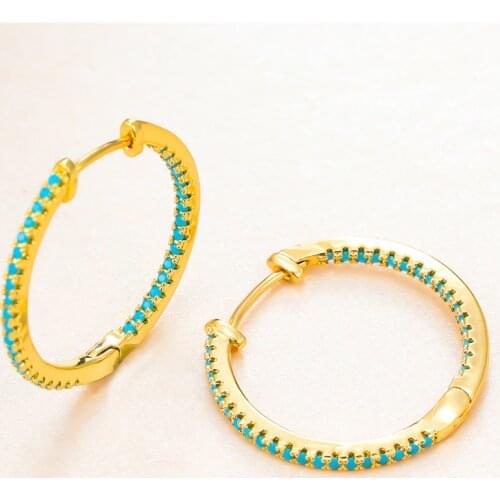 Cute Female Aqua Blue Zircon Hoop Earrings Classic Gold Color Wedding Earrings Trendy Bride Crystal Round Earrings For Women
