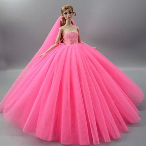 Fashion Hot Pink Doll Dress For Barbie Doll Clothes High Quality Evening Gown Outfits layered Dresses +Veil 1/6 Doll Accessories