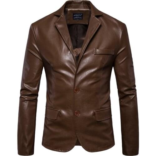 2020 Spring and Autumn New Mens Solid Color Lapel Business Casual Slim Mens Leather Jacket Single Breasted Faux Leather Jacket