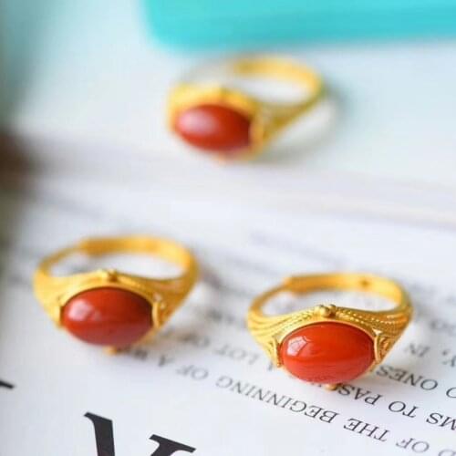 Newsilver palace style inlaid oval natural southern red agate advanced craft hollow light luxury opening adjustable womens ring