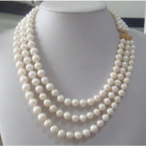Triple strands 9-10mm Real Australian south sea white pearl necklace 18-22" 14K
