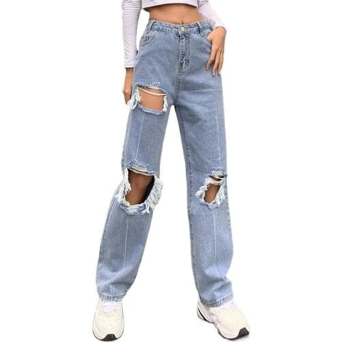 Sexy Hollow Out Torn Jeans Women Spring Fashion High Waist Tassel Ripped Jeans Woman Casual Loose Straight Leg Jeans Streetwear