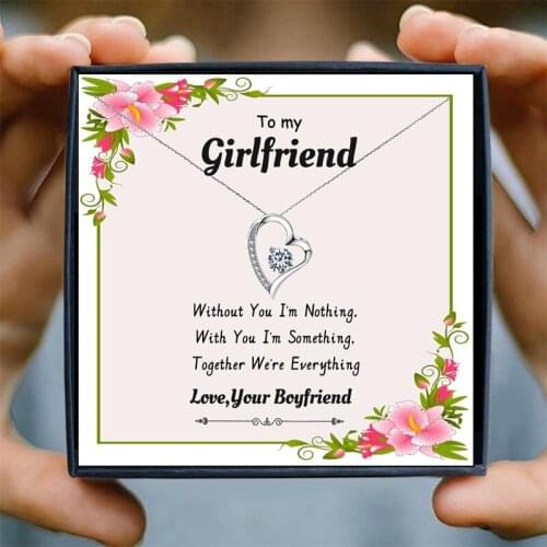 Gift for Girlfriend Necklaces Girly Heart Pendant Crystal Necklace for Women Custom Wish Card Christmas Birthday Boyfriend