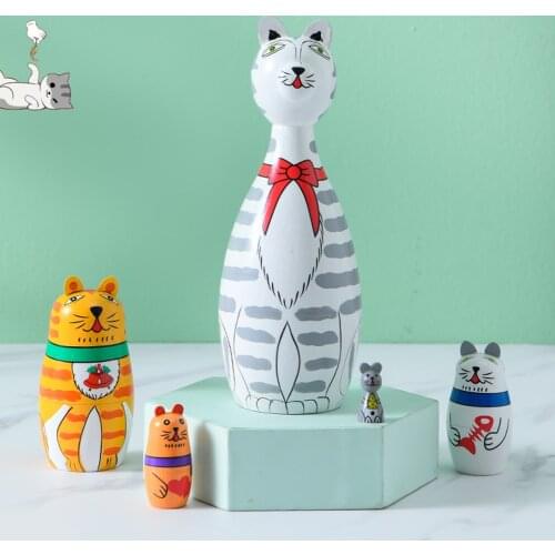 Russian Matryoshka Five-Layer Animal Matryoshka Wooden Cartoon Childrens Toy Gift Kid Gift Painted Long-Necked Cat Wooden Toy