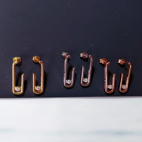 SOELLE Fashion Solid 925 Sterling Silver Gold Color Pink Safety Pin Stud Earrings with Moving Zircon Stone Women Brand Jewelry
