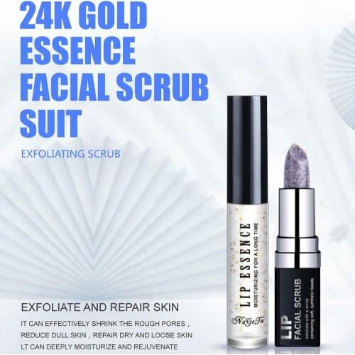 NAGETA 2 Pcs/Set Lips Care Exfoliating Scrub Lip Balm + 24K Gold Foil Moisturizing Essence Liquid Lip Care Combination Kit TSLM2