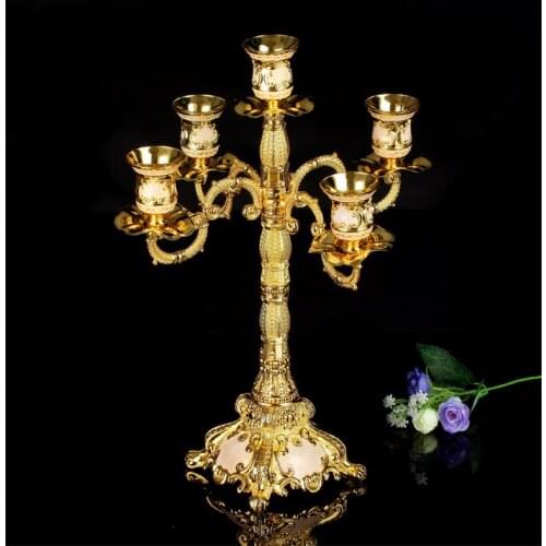 Antique european gold plated Carved metal 5 arm candle stand candlestick gold home decorZT012