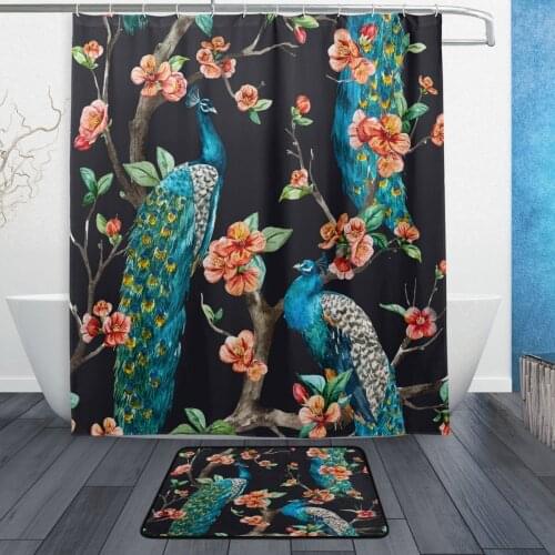 Watercolor Peacock on Tree Black Waterproof Polyester Fabric Shower Curtain with Hooks Doormat Bath Floor Mat Bathroom Home