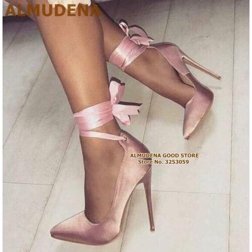 ALMUDENA Women Elegant Pink Satin Cloth Riband Pumps Stiletto Heels Pointed Toe Ribbon Lace-up Satin Fabric Wedding Shoes Pumps