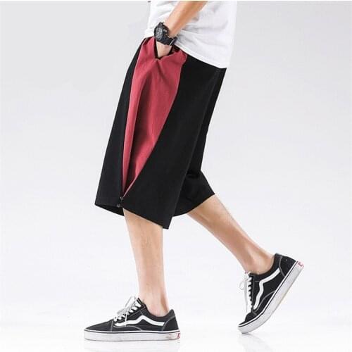 M-8XL Large Size Wide Leg Pants Men‘s Elastic Waist Patchwork Calf-Length Trousers Mens Summer Loose Button Casual Pants