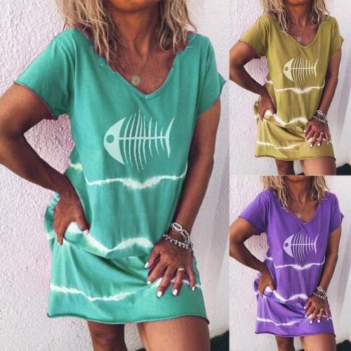 Women Summer Casual V Neck Short Sleeve Fish Bone Print Beach Loose Mini Dress