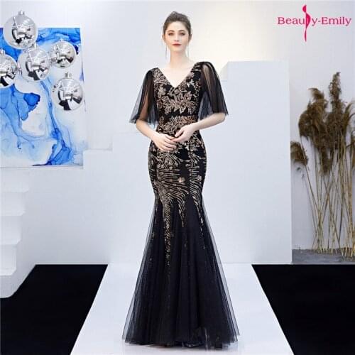 Beauty-Emily 2019 Long Sequins V Neck Evening Dresses Mermaid Formal Party Dress Pleated Appliques Lace Tulle Prom Gown Vestidos