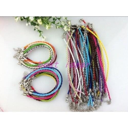 100pcs Mixed color Leather Braided Charm Bracelet For Bead lobster Clasp Cords 18cm ,free shipping, FB-886