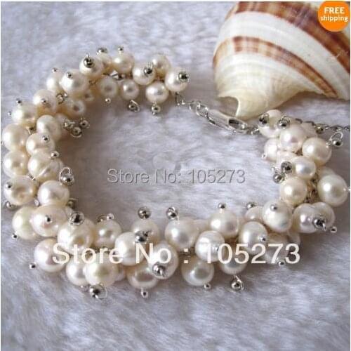 Lovely Pearl Jewelry Natural AA7-8MM 8inch White Color Natural Freshwater Pearl Bracelet Wedding Party Jewelry New Free Shipping