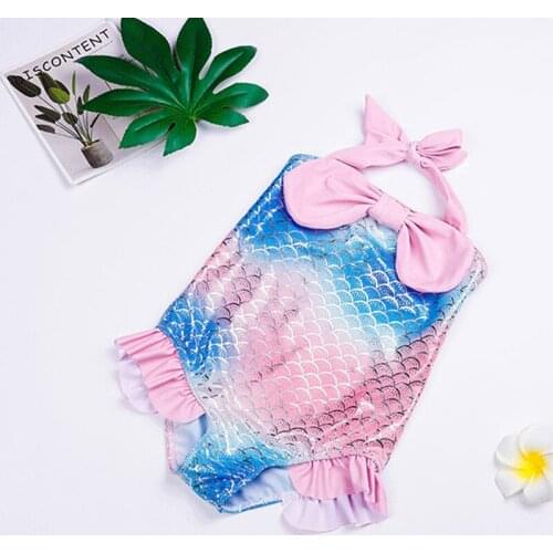 Kids Girls Cute Fish Scale Print One-piece Swimsuit Children Off-shoulder Ruffle Bowknot Halter Romper Swimwear Bathing Suit