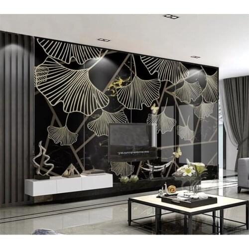 Wellyu Custom large wall painter with modern light luxury abstract geometric black gold leaf marbled background