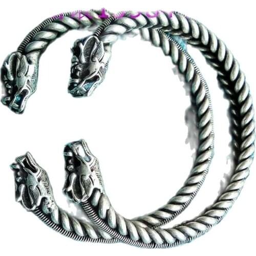 China Tibetan silver Carved Double headed Dragon Silver Bracelet a pair