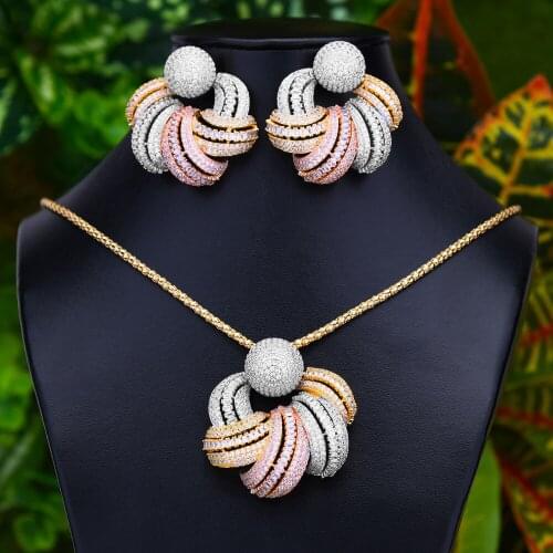 LARRAURI 2PCS Big Round Pendant Earrings Necklace Jewelry Set Luxury Dubai Bridal Wedding Super CZ New Design Accessories