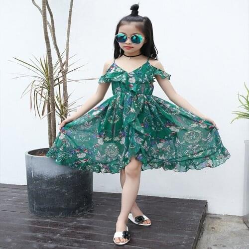 Summer 2021 Girls Chiffon Dresses Bohemia Flower Printing Sundress 4-14Years Old Princess Beachwear Suspender Off-Shoulder Dress