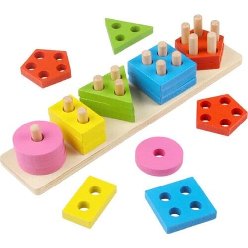 Montessori Wooden Geometric Shapes Stacking Building Blocks Sorting Toy Educational Board Games Children Teaching Aid Wood Toys