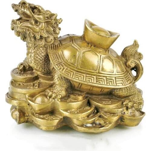 Chinese FengShui Brass Wealth Longevity Dragon Turtle On Coin YuanBao Statue Set metal handicraft