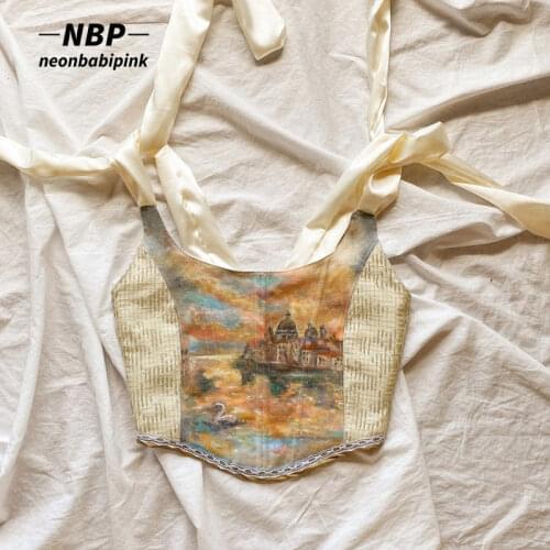 NEONBABIPINK Vintage Oil Painting Printing Corset Top Cottagecore Sexy Summer Crop Top Women Fairycore Graphic Tanks N71-CZ12