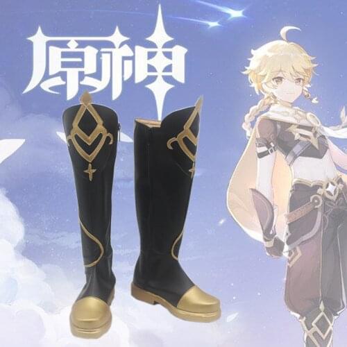 Genshin Impact Traveler Aether Cosplay Shoes Boots Aether Traveler Golden Braid Hair Wigs Halloween Carnival Accessories