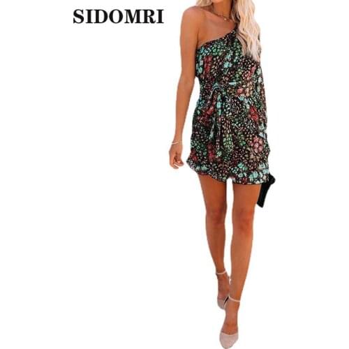 Sexy Women Dress One Shoulder Long Sleeve Side Hole Hollow out High Split Slit Evening Party Clubwear Stretch Dress Flora Print