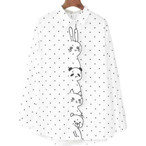 Cartoon Animal Embroidery Small Fresh All-match White Plaid Polka Dot Printing Casual Shirt Top 2021 Spring Womens Clothing