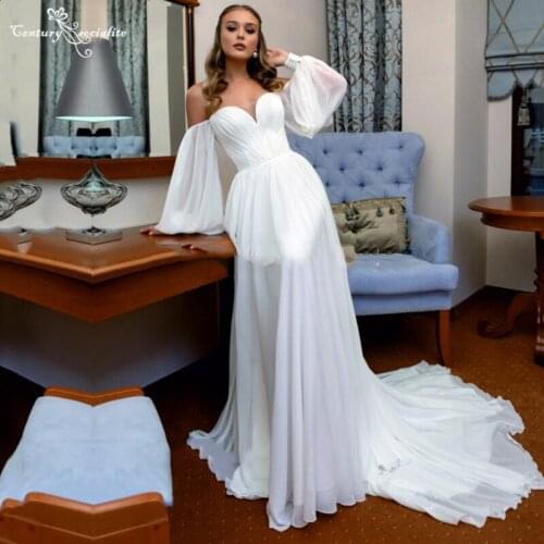 Off the Shoulder Simple Wedding Dresses 2021 Pleats Long Sleeve A-Line Chiffon Beach Bridal Gowns Bride Dress Vestido De Noiva