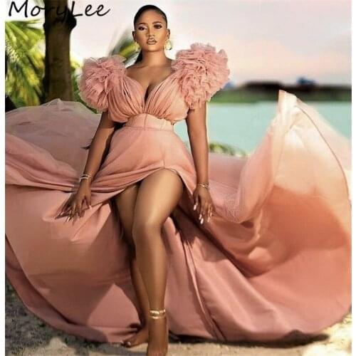 Prom Dresses Pink V-Neck Sleeveless Floor Length A-Line Tulle Pleated Prom Dresses With Zipper Back vestidos de fiesta de noche